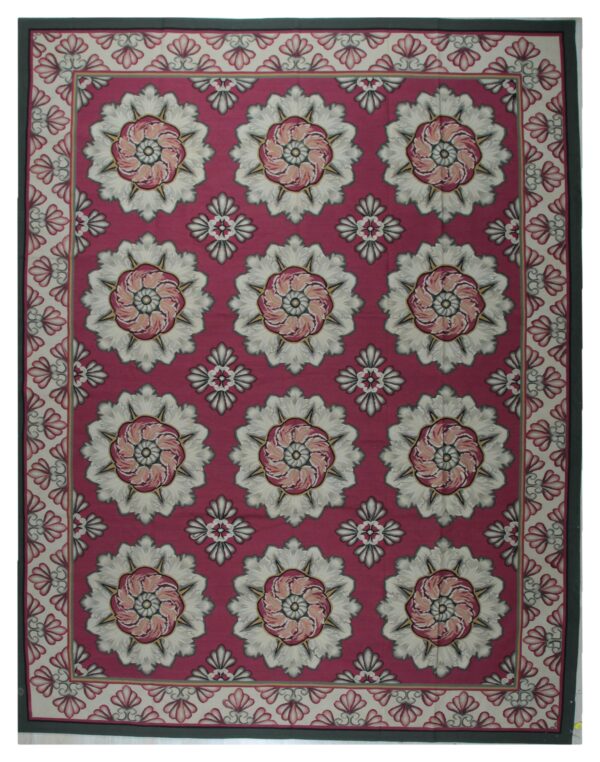 Vintage aubusson flat weave rug, raspberry rosette, 9' x 12' 1 Vintage aubusson flat weave rug, raspberry rosette (sku fa5107rd9x12), full view
