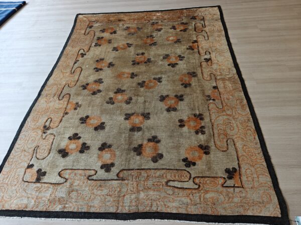 Warm cream color antique floral pattern mongolian wool pile area rug 11 Warm cream color antique floral pattern mongolian wool pile area rug, detail photo 9, stock number 21187