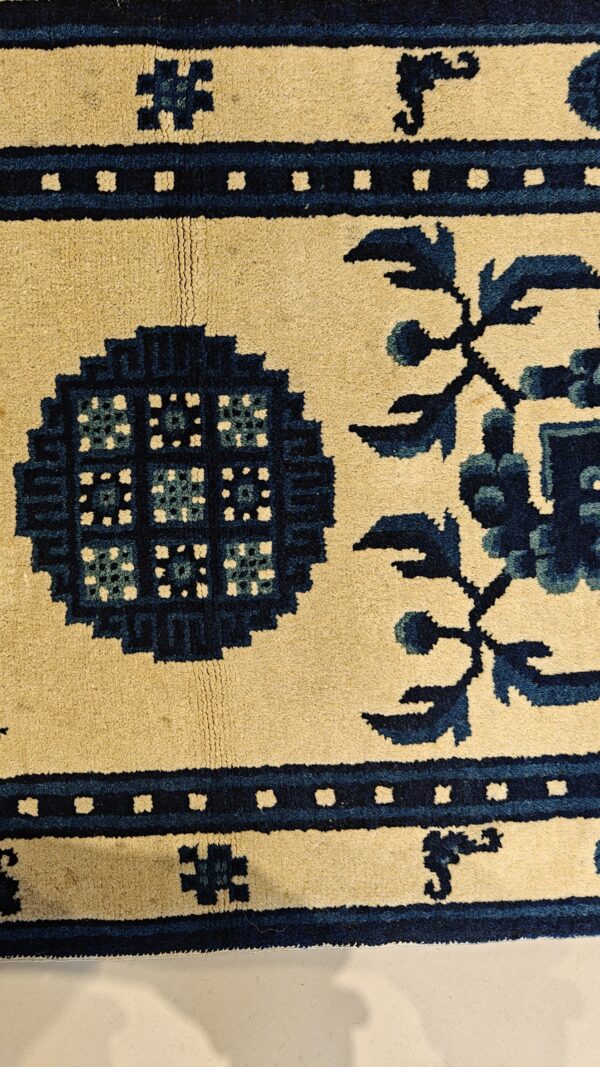 White and blue color antique chinese scatter size peking rug 8 White and blue color antique chinese scatter size peking rug, detail photo 2, stock number 22013