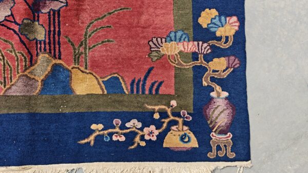 Yellow antique art deco swimming swan pattern chinese rug 5 Yellow antique art deco swimming swan pattern chinese rug, detail photo 1, stock number 24284
