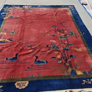 Yellow Antique Art Deco Swimming Swan Pattern Chinese Rug, detail photo 10, stock number 24284
