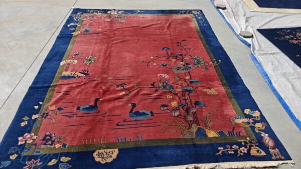 Yellow antique art deco swimming swan pattern chinese rug 14 Yellow antique art deco swimming swan pattern chinese rug, detail photo 10, stock number 24284