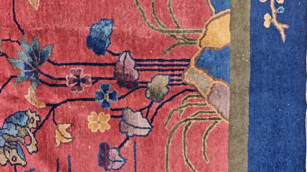 Yellow antique art deco swimming swan pattern chinese rug 7 Yellow antique art deco swimming swan pattern chinese rug, detail photo 3, stock number 24284