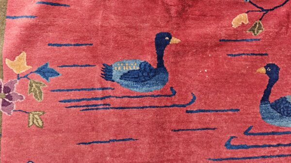 Yellow antique art deco swimming swan pattern chinese rug 9 Yellow antique art deco swimming swan pattern chinese rug, detail photo 5, stock number 24284